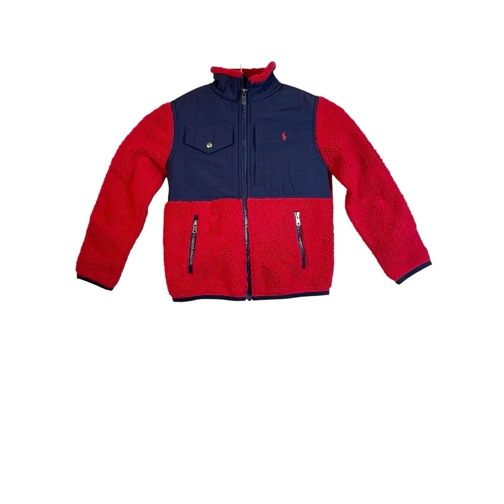 Polo Ralph Lauren Boys Colorblock Fleece Jacket Red Navy Size 7 Full Zip Preppy